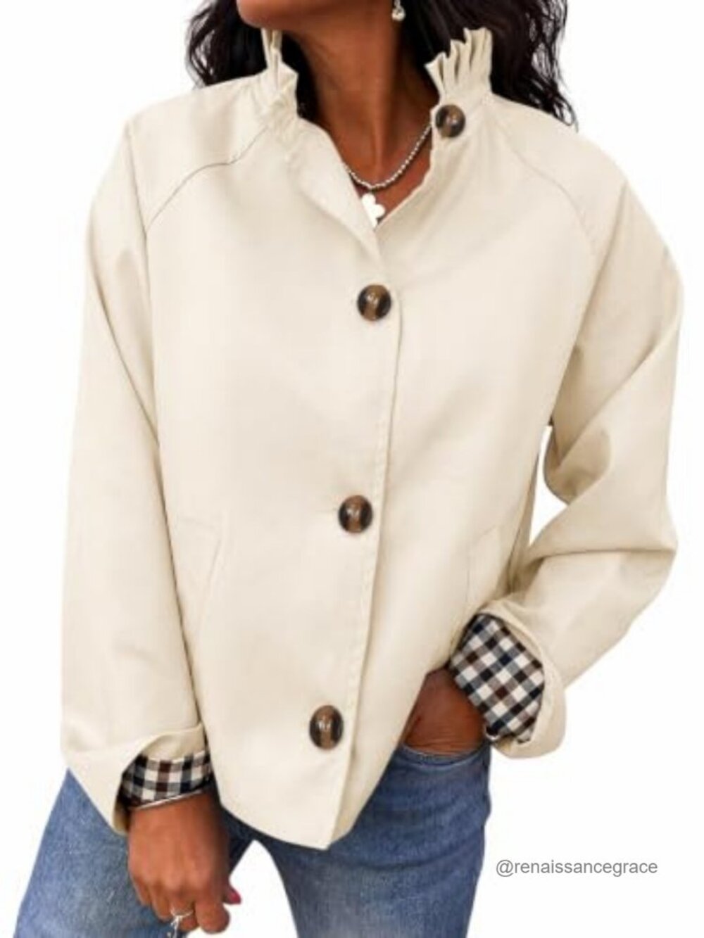 Ruffle Collar Cropped Trench Coat Single Breasted Lightweight Jacket
